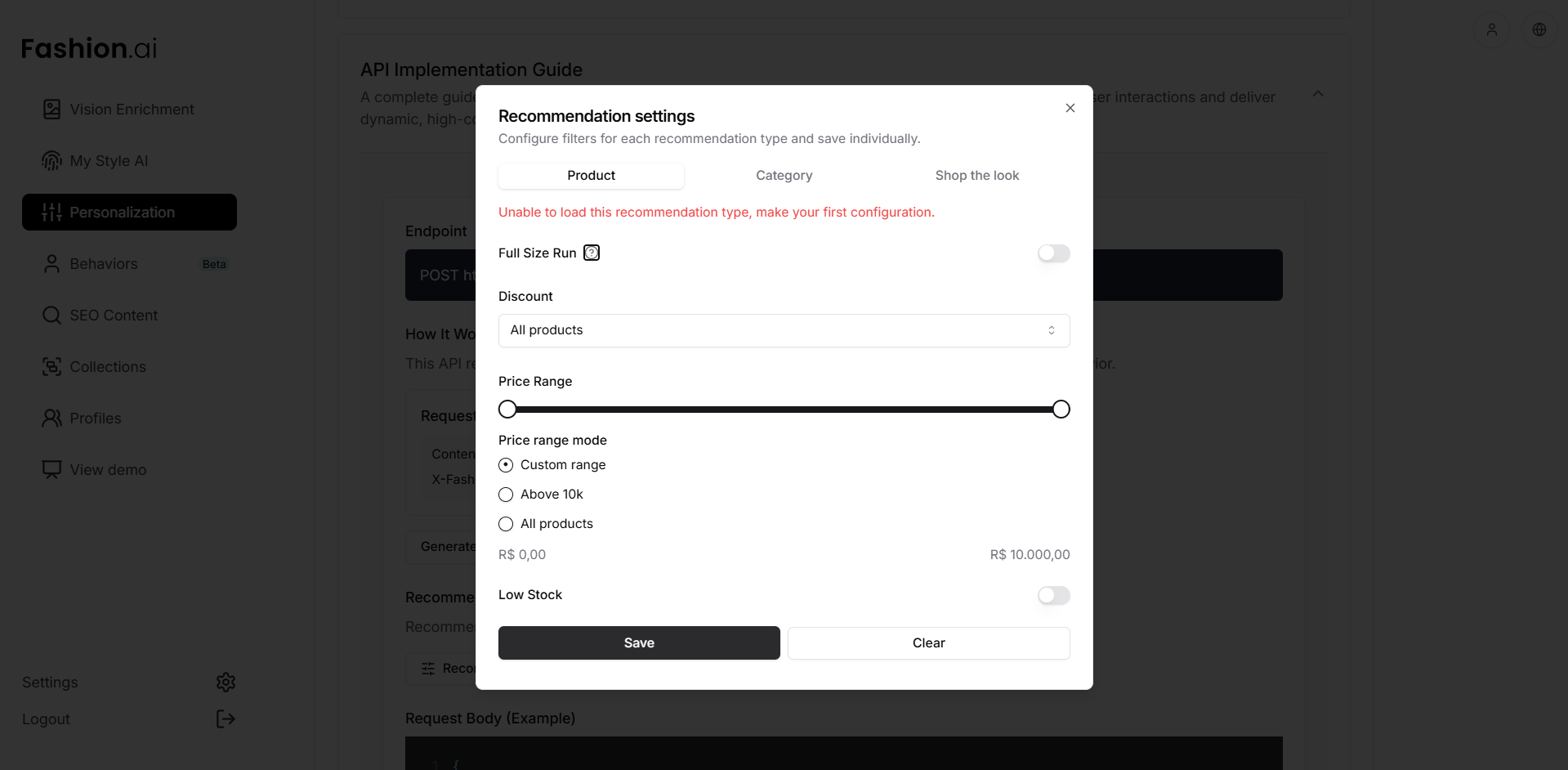 Modal de configurações de recomendação